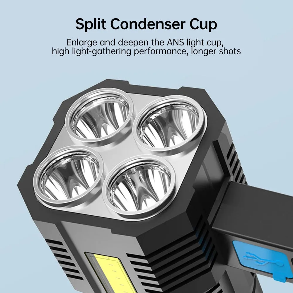 HULIANFU Powerful LED Flashlight USB Rechargeable Handheld Lantern Camping Portable Lamp Built in Battery Lighting COB 4 LED Flashlights