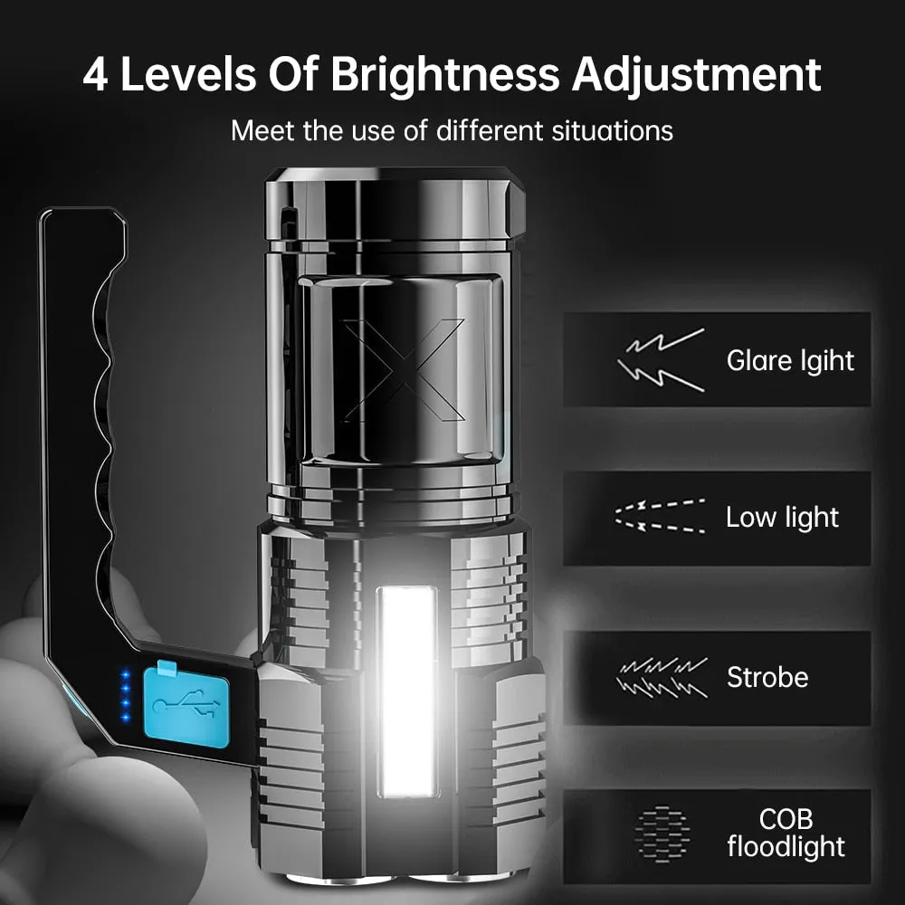 HULIANFU Powerful LED Flashlight USB Rechargeable Handheld Lantern Camping Portable Lamp Built in Battery Lighting COB 4 LED Flashlights
