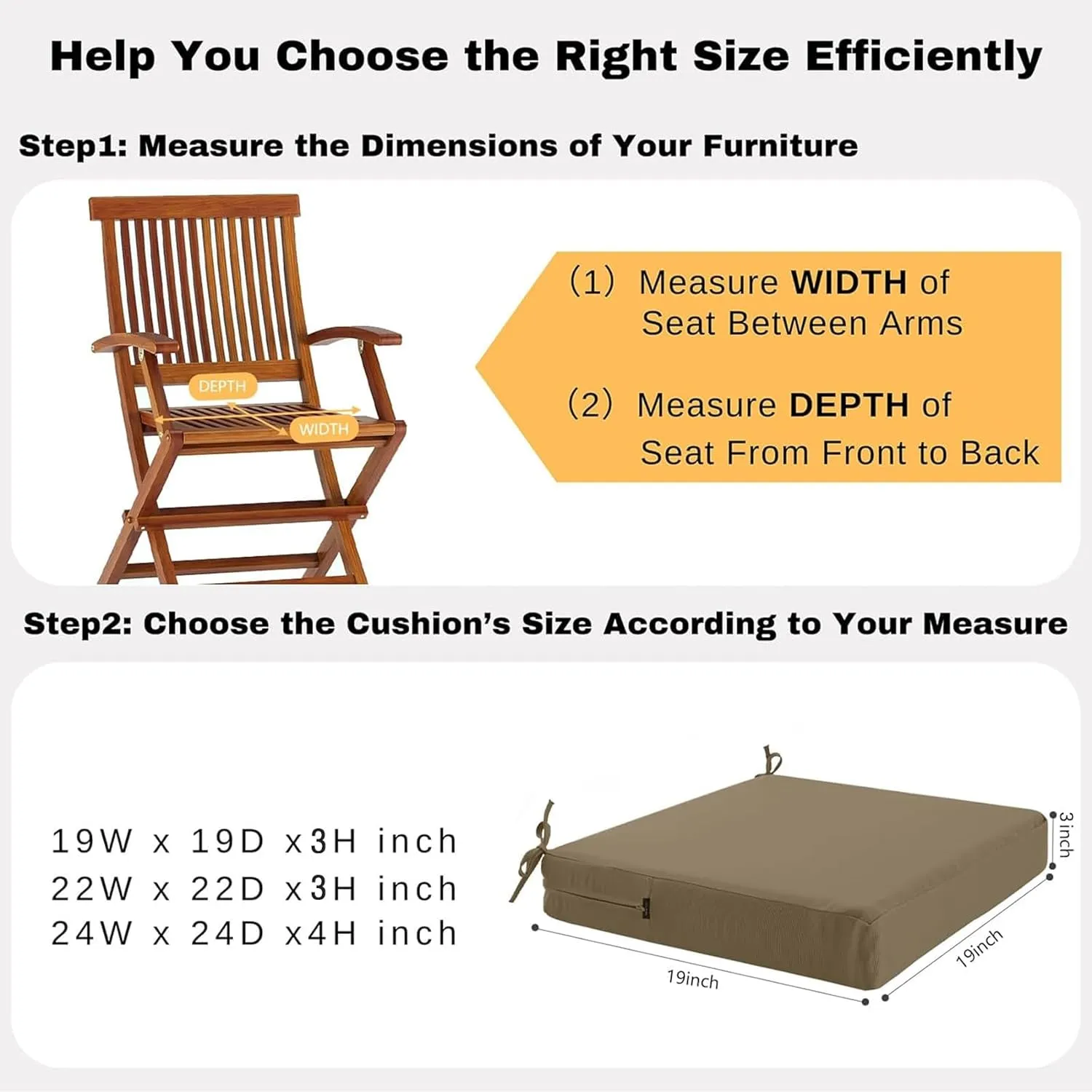 idee-home Outdoor Chair Cushions Set of 4, Waterproof Outdoor Seat Cushions for Patio Furniture, Outside Replacement Chair Pad with Ties for Lawn Deck Porch, 19 x 19
