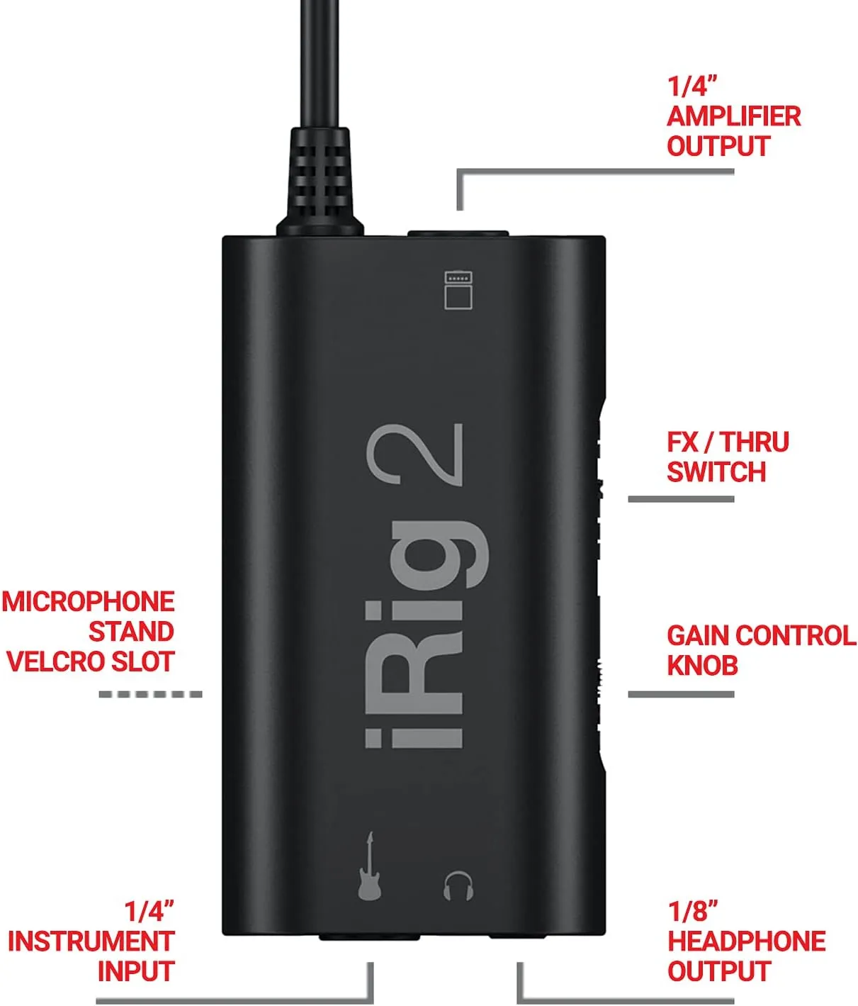 IK Multimedia iRig 2 portable guitar audio interface, lightweight audio adapter for iPhone and iPad with instrument input and headphone/amplfier outs