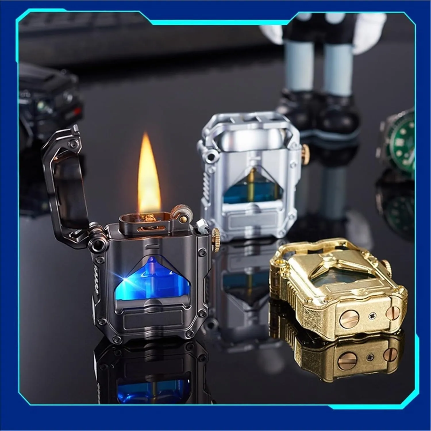 Industrial Steampunk Windproof Torch Lighter - LED-Illuminated Transparent Fuel Tank & Refillable Kerosene Design - Outdoor Camping Gear, Collector’s Display, Survival Décor(#2)