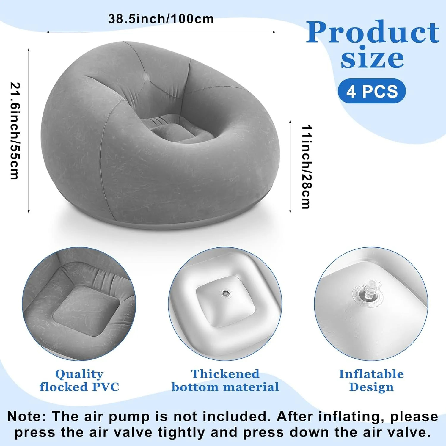 Inflatable Bean Bag Chairs - Blow Up Chairs for Camping, Living Room, Bedroom & Reading Room (Dark Gray, 4 Pcs)