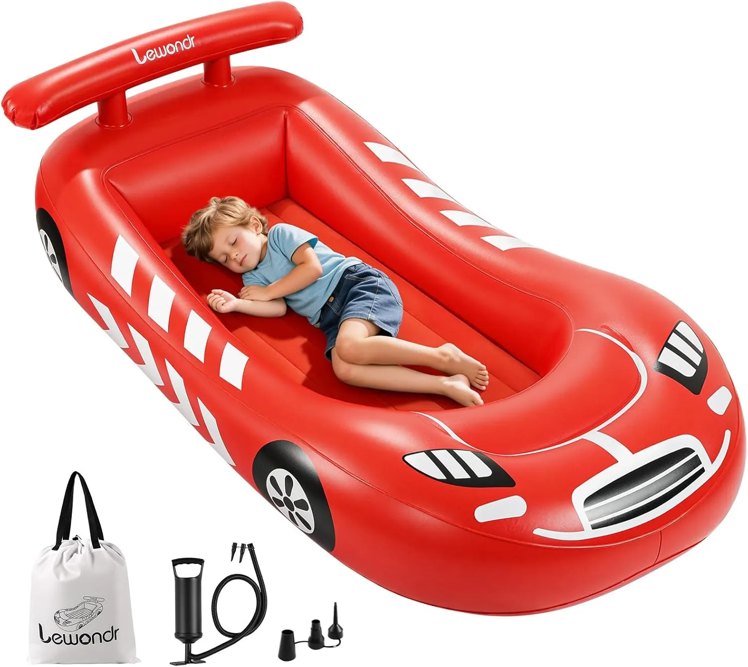 Inflatable Kids Bed, Racecar Toddler Air Mattress with Safety Bumpers, Blow up Mattress with Hand Pump, Portable Toddler Travel Bed for Camping, Sleepovers, Vacation & Home