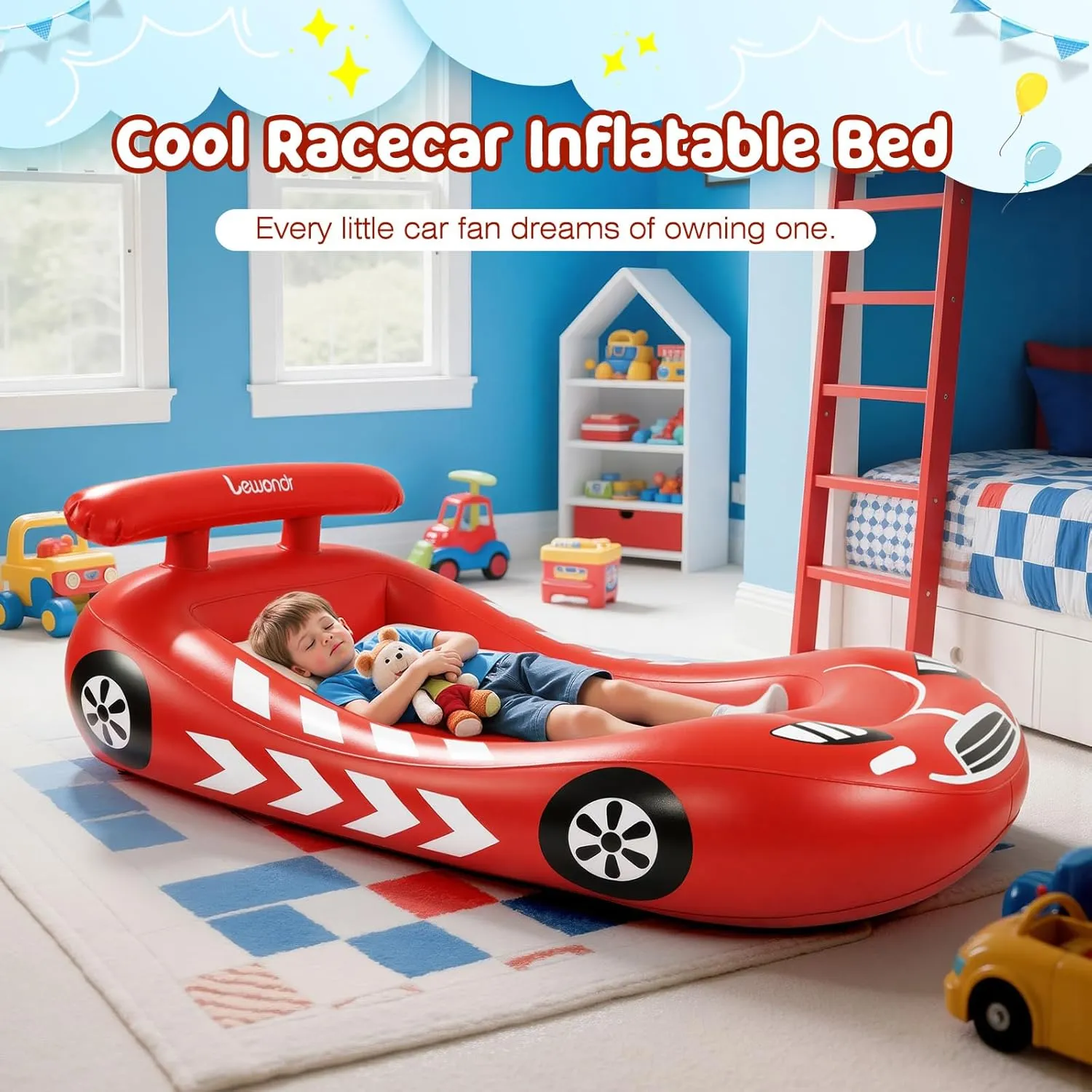Inflatable Kids Bed, Racecar Toddler Air Mattress with Safety Bumpers, Blow up Mattress with Hand Pump, Portable Toddler Travel Bed for Camping, Sleepovers, Vacation & Home