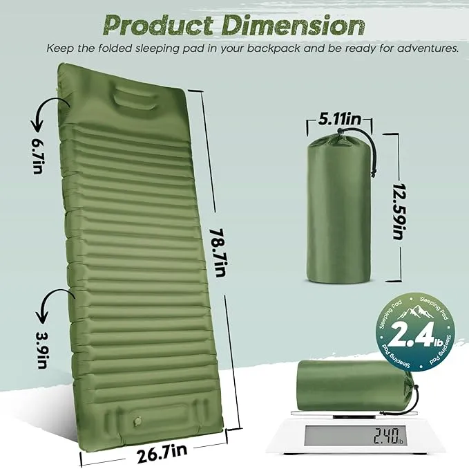 Inflatable Sleeping Pad for Camping, 3.9’’ Thick Self-Inflating Camping Pad with Pillow, Quick Inflation by Stamping, Waterproof, Lightweight, Portable Sleeping Mat for Backpacking, Hiking, Traveling
