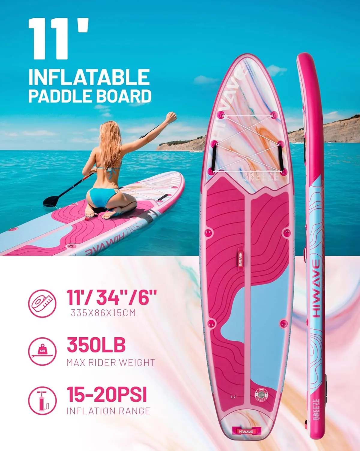 Inflatable Stand Up Paddle Board 11’*34”*6” Sup Board, 350lbs Capicity Adult&Youth Paddle Board, Pet Friendly for Ocean&Lake, w/Double Action Hand Pump