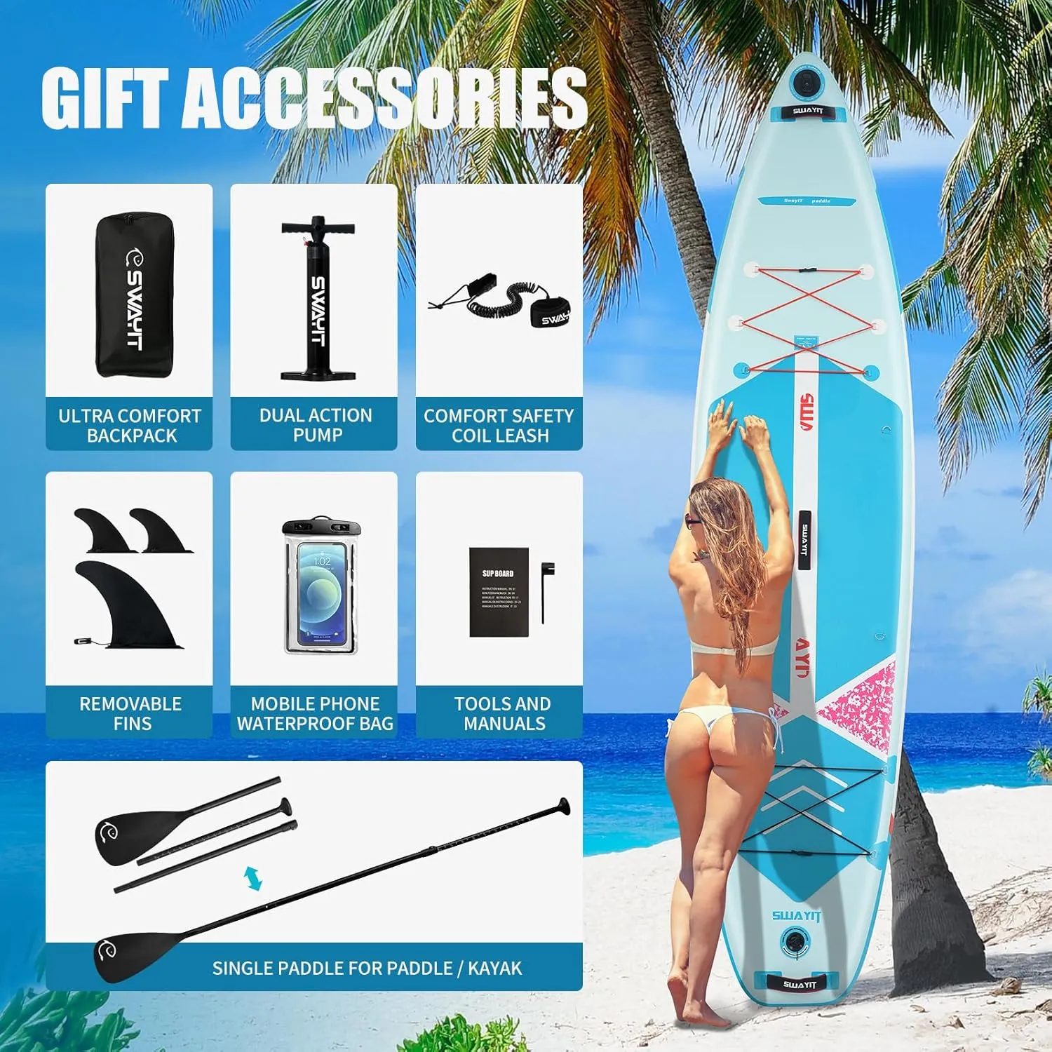 Inflatable Stand Up Paddle Board – Durable SUP with Adjustable Paddle,Dual Action Pump, Carry Bag, Ankle Leash, Non-Slip EVA Deck – All Skill Levels