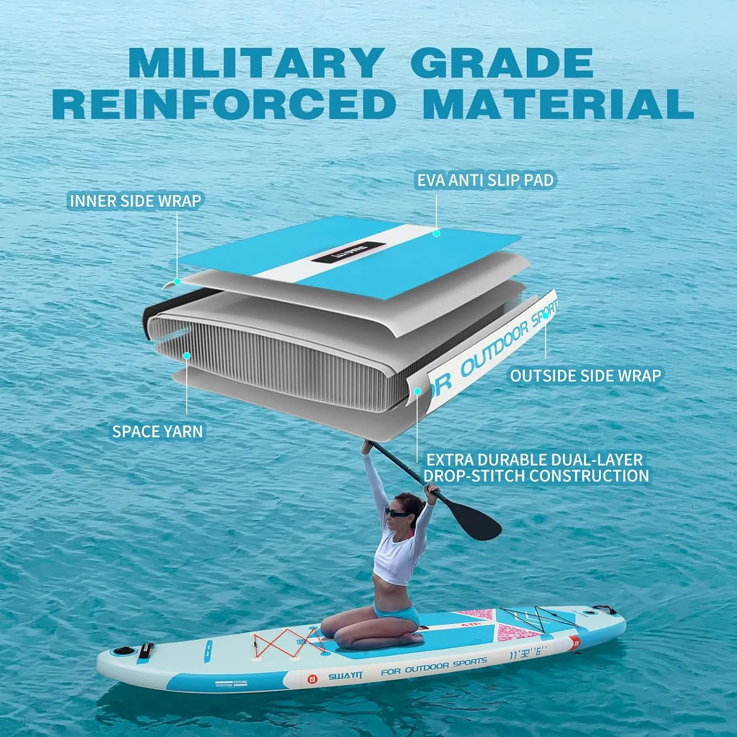 Inflatable Stand Up Paddle Board – Durable SUP with Adjustable Paddle,Dual Action Pump, Carry Bag, Ankle Leash, Non-Slip EVA Deck – All Skill Levels
