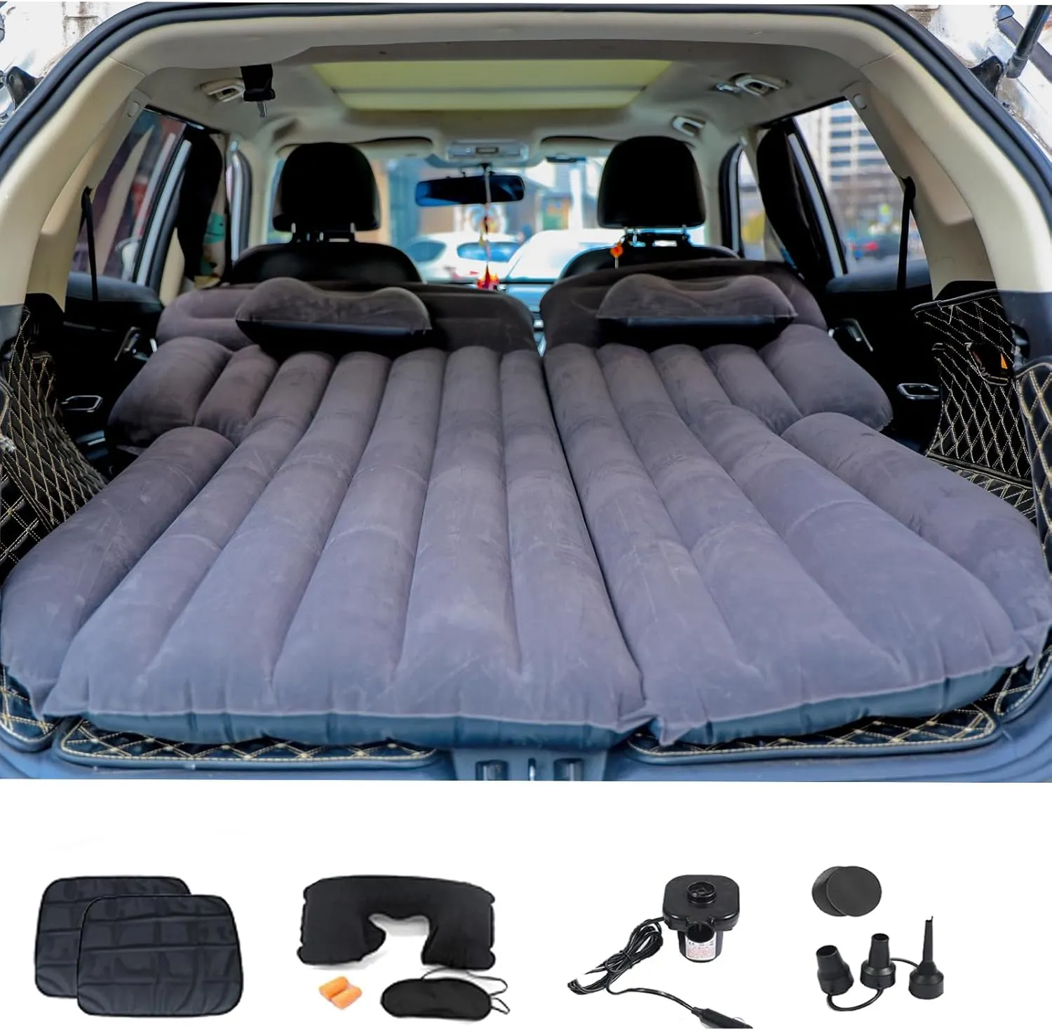 Inflatable SUV Air Mattress 3 in 1 Thickened Flocking Inflatable Car Camping Travel Air Mattress with 2 Pillows & Air Pump,Portable Car Sleeping Bed for SUV|MPV|Minivan