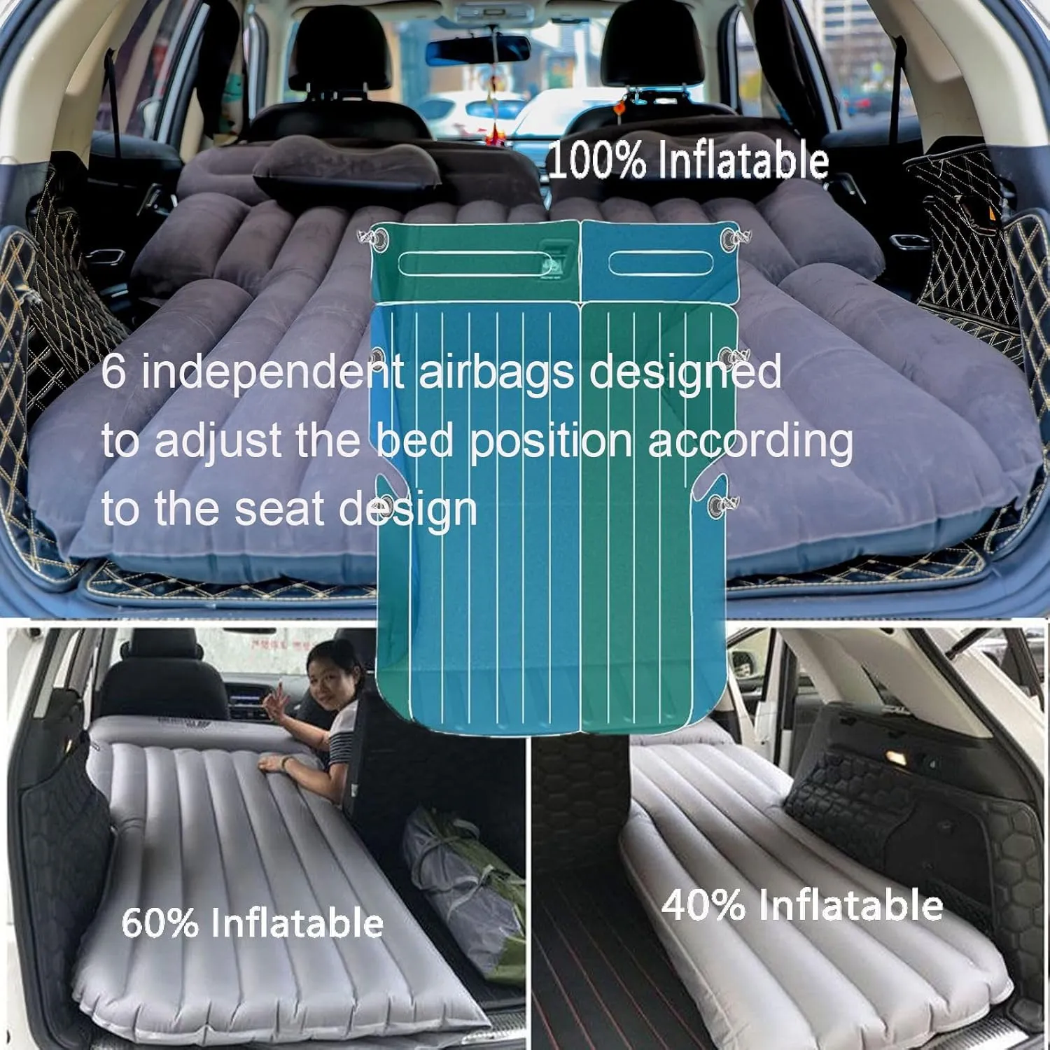 Inflatable SUV Air Mattress 3 in 1 Thickened Flocking Inflatable Car Camping Travel Air Mattress with 2 Pillows & Air Pump,Portable Car Sleeping Bed for SUV|MPV|Minivan