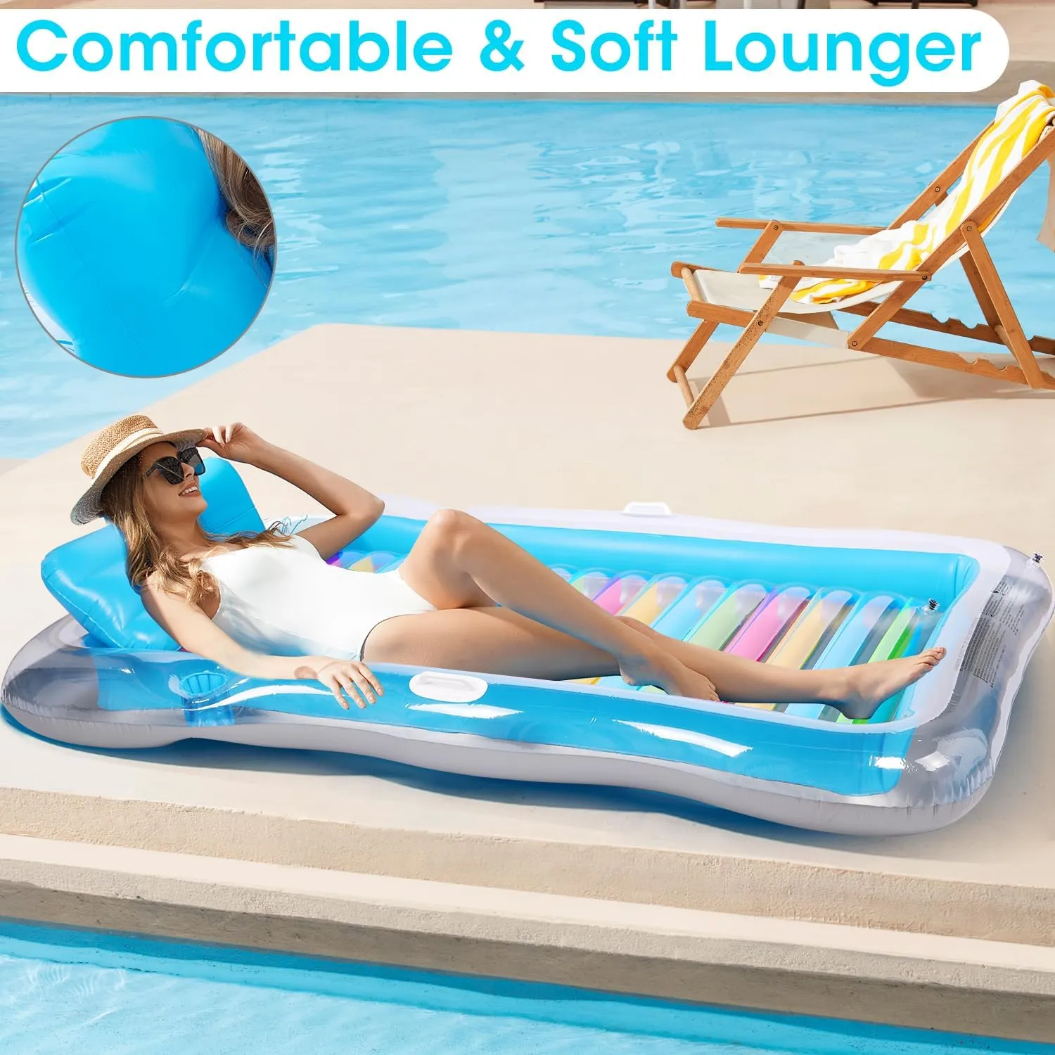 Inflatable Tanning Pool Lounger Float Adults, BAIAI Large Pool Floaties Rafts for Adults with Headrest Drink Holder Sun Tanning Floats for Swimming Pool Lake River Beach Blow Up Floats (XL)