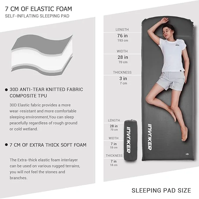 INVOKER Camping Sleeping Pad 2.76” Memory Foam Self Inflating Sleeping Pad Camping Mat with Pillow for Tent Backpacking Traveling Hiking Car Camping Air Mattress
