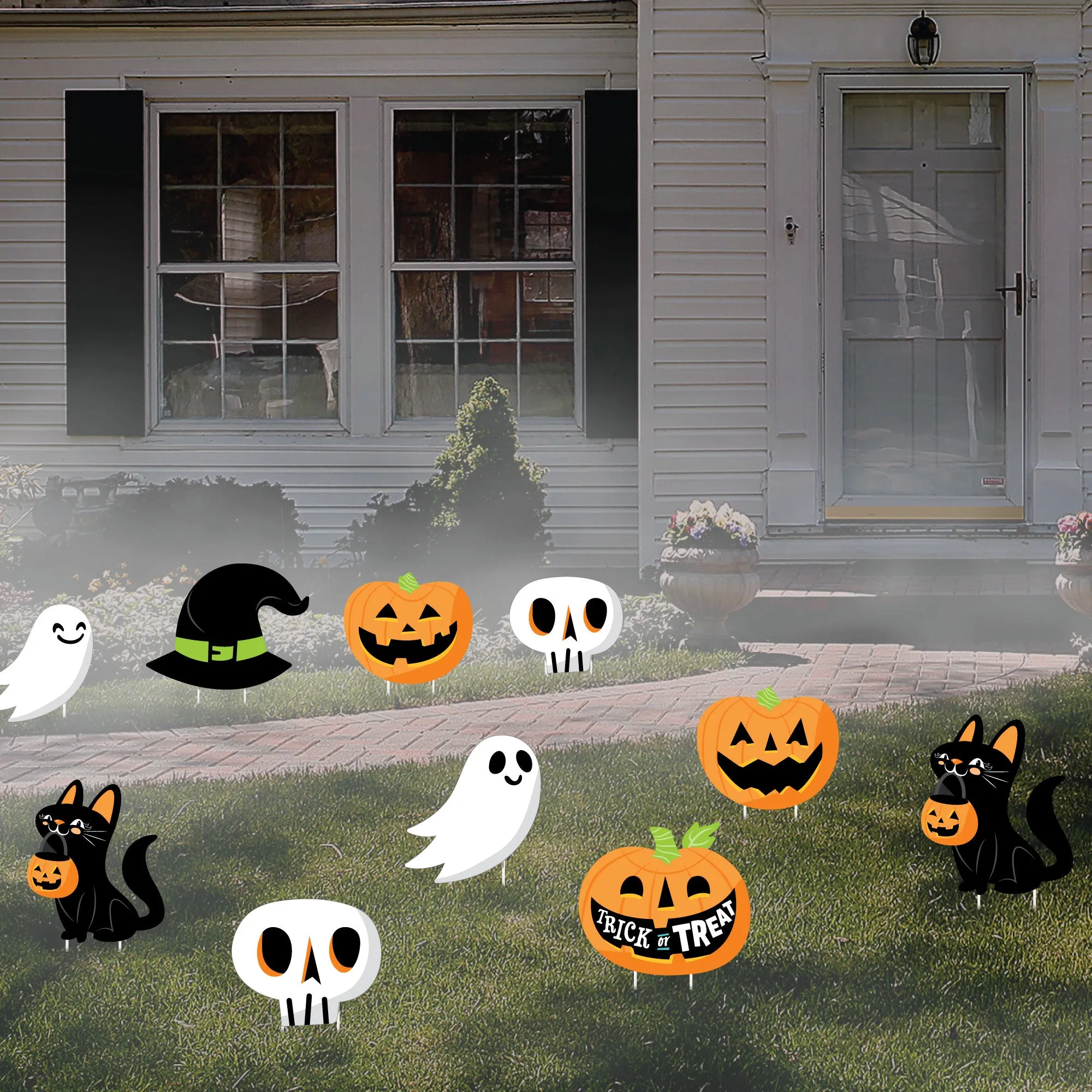 Jack-O'-Lantern Halloween - Black Cat, Ghost, Skull and Witch Hat Lawn Decorations - Outdoor Kids Halloween Party Yard Decorations - 10 Piece