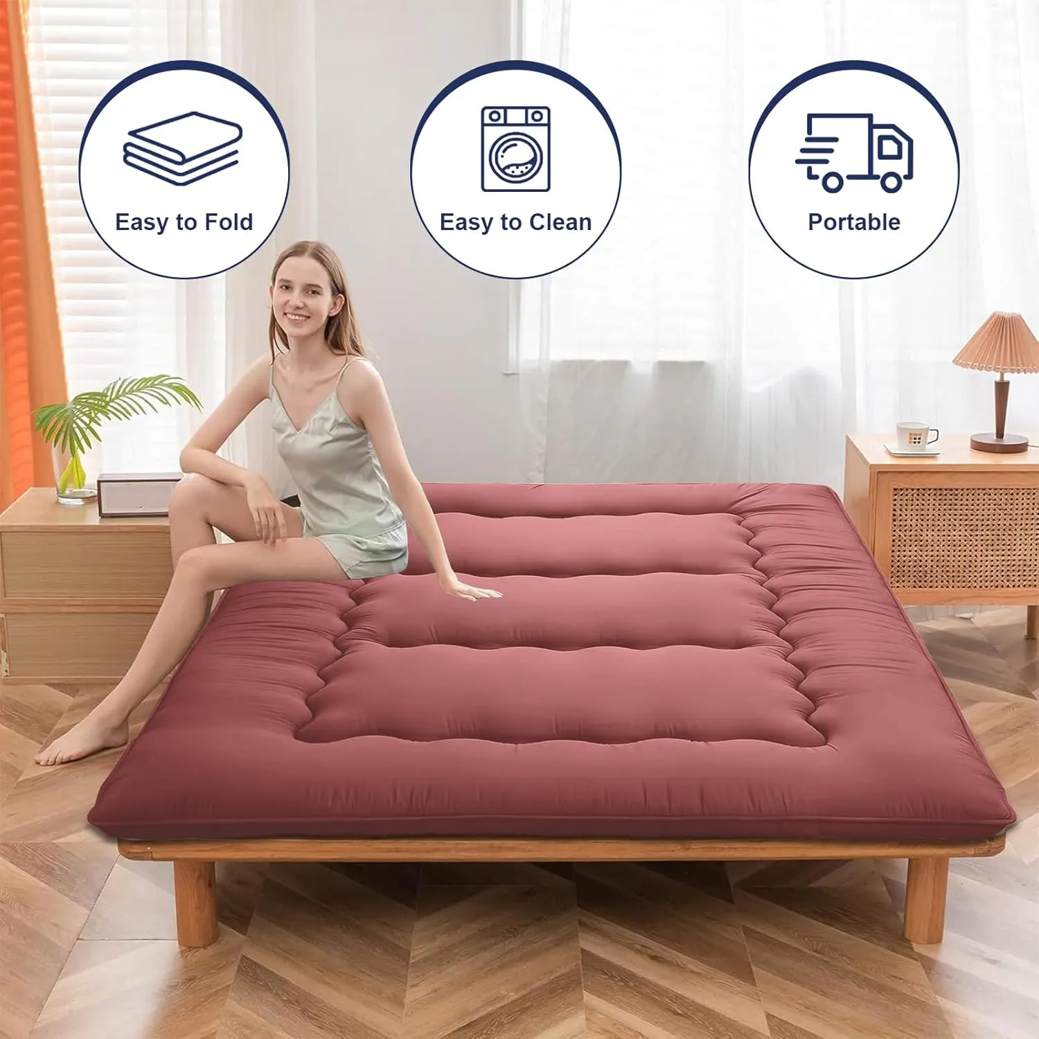 Japanese Floor Mattress,Thicken Japanese Floor Sleeping Pad Foldable,Roll Up Tatami Mat Easy to Store and Portable,Futon Mattress Suitable for Camping and Guest Room (Khaki, Full (80" X 47"))