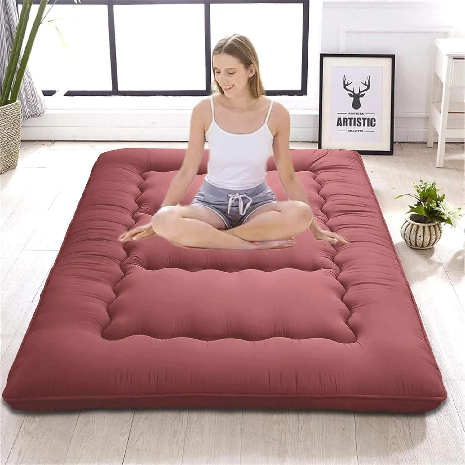 Japanese Floor Mattress,Thicken Japanese Floor Sleeping Pad Foldable,Roll Up Tatami Mat Easy to Store and Portable,Futon Mattress Suitable for Camping and Guest Room (Khaki, Full (80" X 47"))