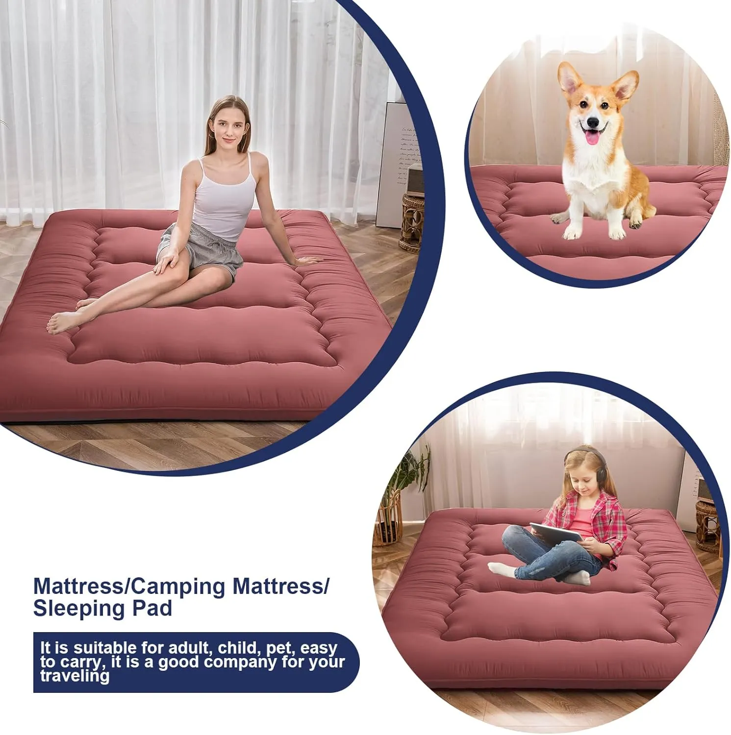 Japanese Floor Mattress,Thicken Japanese Floor Sleeping Pad Foldable,Roll Up Tatami Mat Easy to Store and Portable,Futon Mattress Suitable for Camping and Guest Room (Khaki, Full (80" X 47"))
