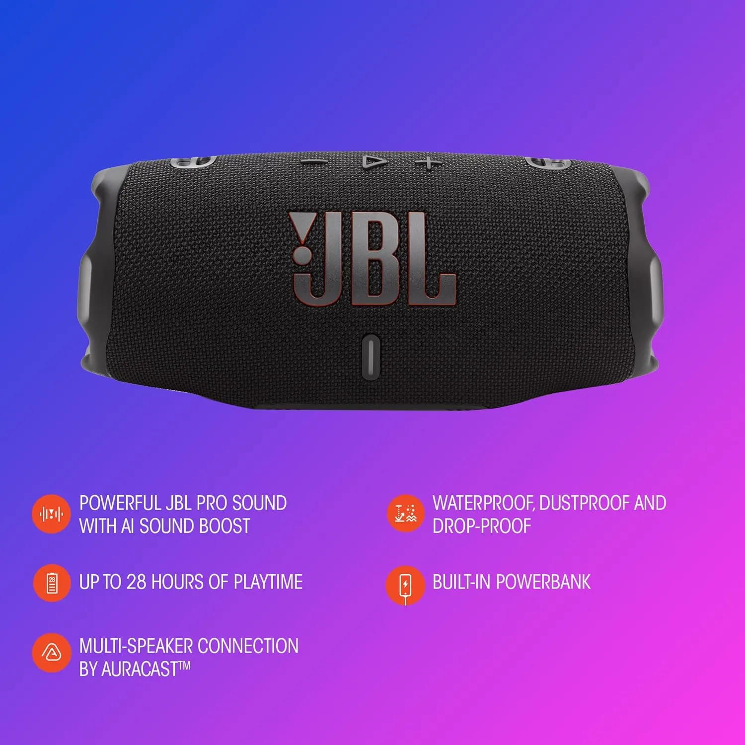 JBL Charge 6 - Portable Waterproof & Drop-Proof Bluetooth Speaker, Bold Pro Sound with AI Sound Boost, 28Hrs of Playtime, Built-in powerbank & Comes with a Sturdy/Removable Carrying Strap (Purple)