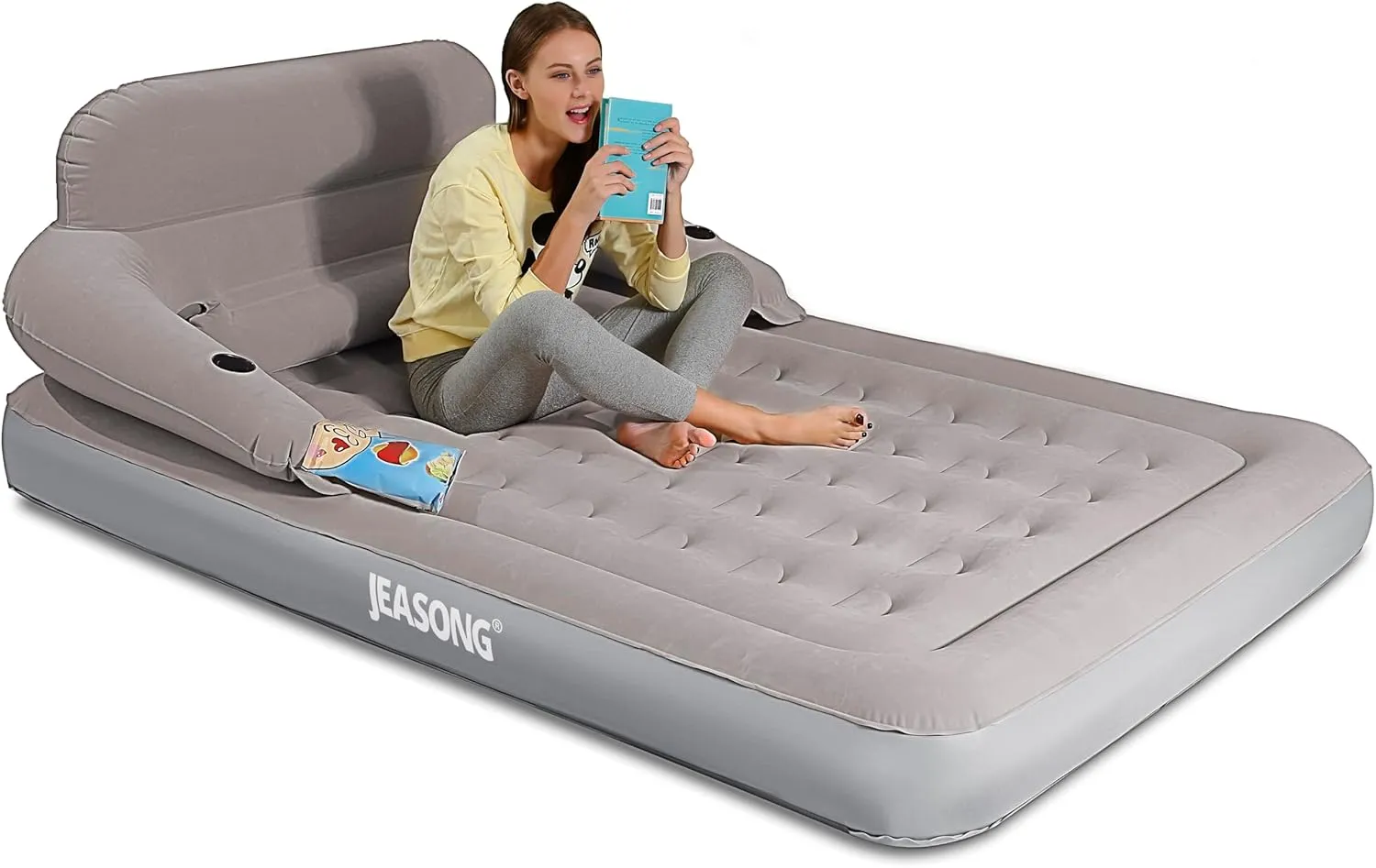 JEASONG Air Mattress with Headboard, Fast Inflation/Deflation Inflatable Airbed, 9 Inches High Blow Up Bed with Comfortable Flocked Top for Home Guest Travel Camping (Queen Grey)