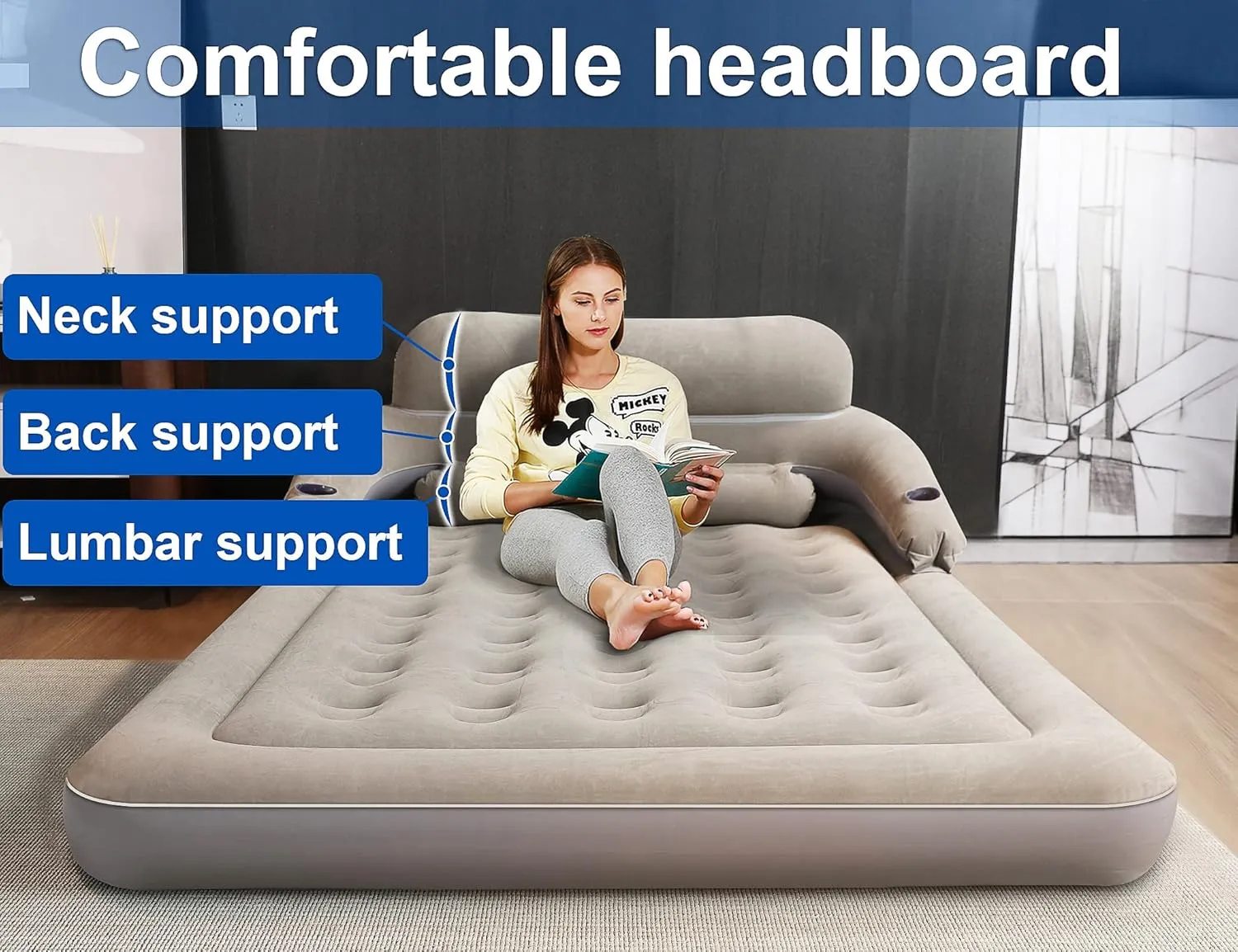 JEASONG Air Mattress with Headboard, Fast Inflation/Deflation Inflatable Airbed, 9 Inches High Blow Up Bed with Comfortable Flocked Top for Home Guest Travel Camping (Queen Grey)