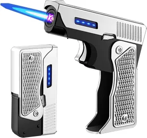 Jet flame butane fuel lighter, rechargeable butane gas lighter, candle lighter, windproof flame lighter, gift for dad and husband(Silver)