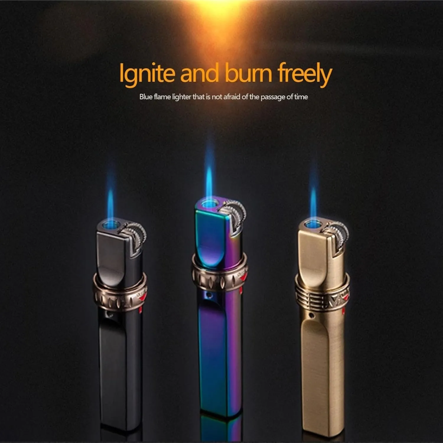 Jet Straight Windproof Blue Flame Lighter, Retro Grinding Wheel to Make fire, Portable and can be Carried Around, Adjustable Flame Size, Metal Body (Does not Contain Butane)(Brown)