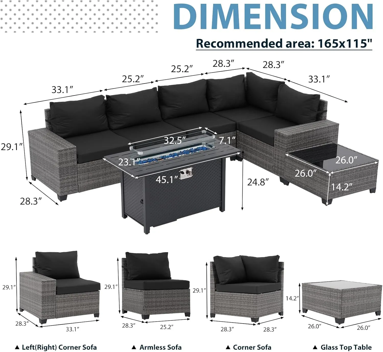JOIVI 7 Pieces Outdoor Patio Furniture Set with 45” Fire Pit Table, Rattan Patio Sectional Sofa Conversation Set with 50000BTU Propane Fire Pit and Coffee Table for Garden, Backyard, Deck, Black