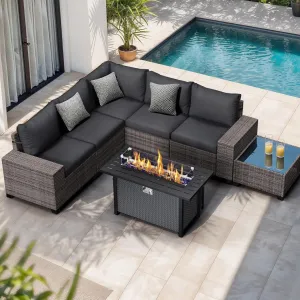JOIVI 7 Pieces Outdoor Patio Furniture Set with 45” Fire Pit Table, Rattan Patio Sectional Sofa Conversation Set with 50000BTU Propane Fire Pit and Coffee Table for Garden, Backyard, Deck, Black