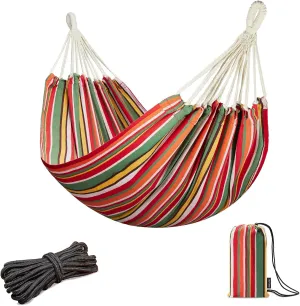 JoyView Brazilian Hammock for Single Preson Portable Hammock with Hanging Ropes & Carry Bag Large 78.8x39.4” Cotton Hammock for Patio 300LBS Capacity Perfect for Outdoor/Indoor - Red & Green Stripes