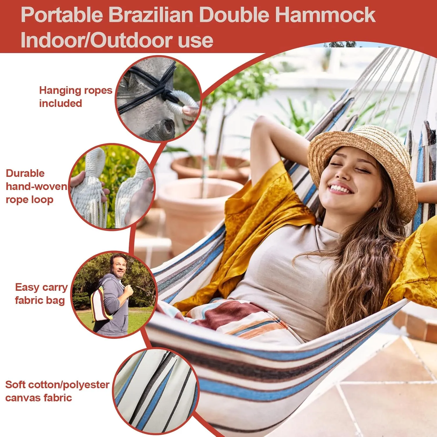 JoyView Brazilian Hammock for Single Preson Portable Hammock with Hanging Ropes & Carry Bag Large 78.8x39.4” Cotton Hammock for Patio 300LBS Capacity Perfect for Outdoor/Indoor - Red & Green Stripes