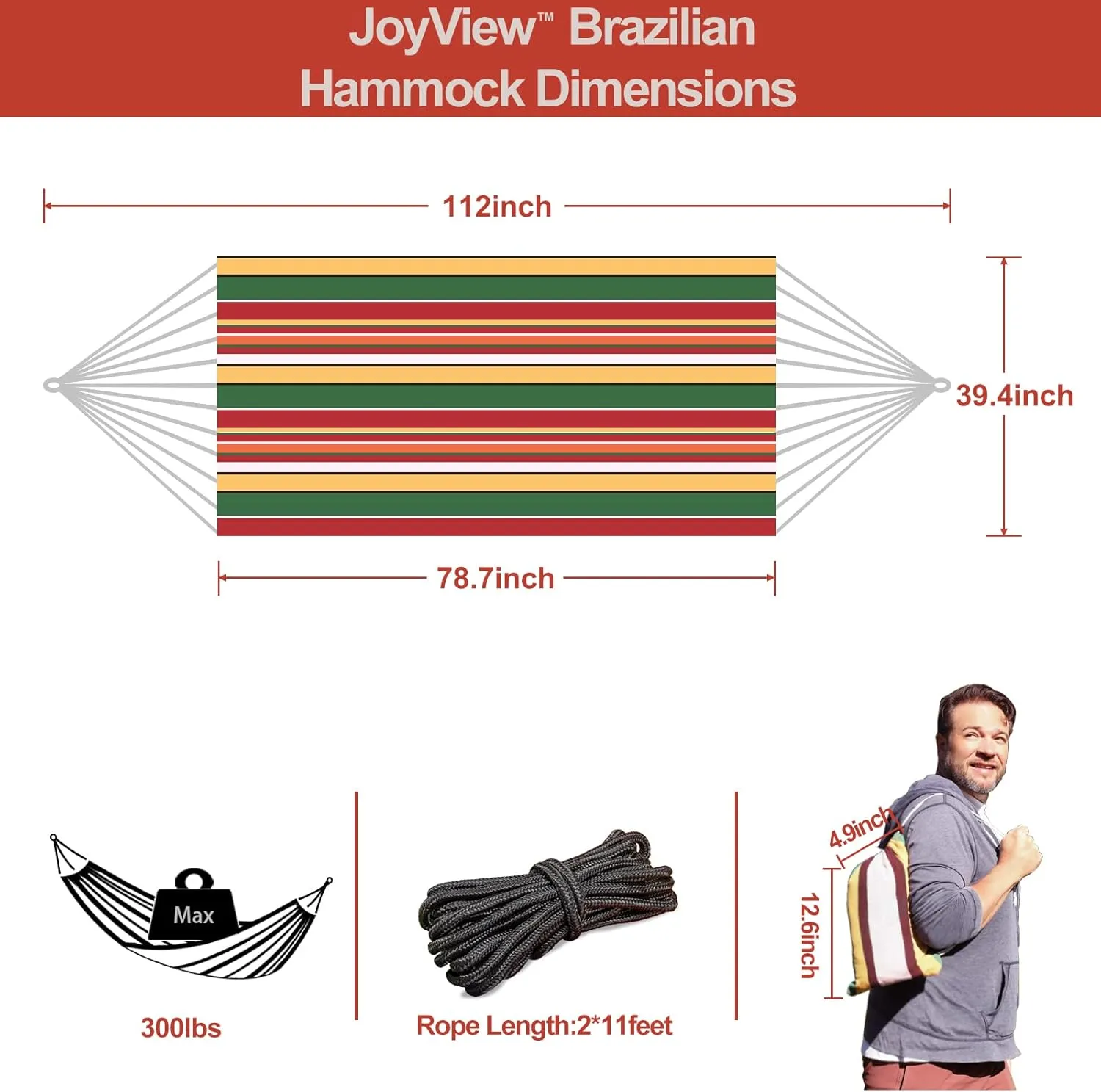 JoyView Brazilian Hammock for Single Preson Portable Hammock with Hanging Ropes & Carry Bag Large 78.8x39.4” Cotton Hammock for Patio 300LBS Capacity Perfect for Outdoor/Indoor - Red & Green Stripes