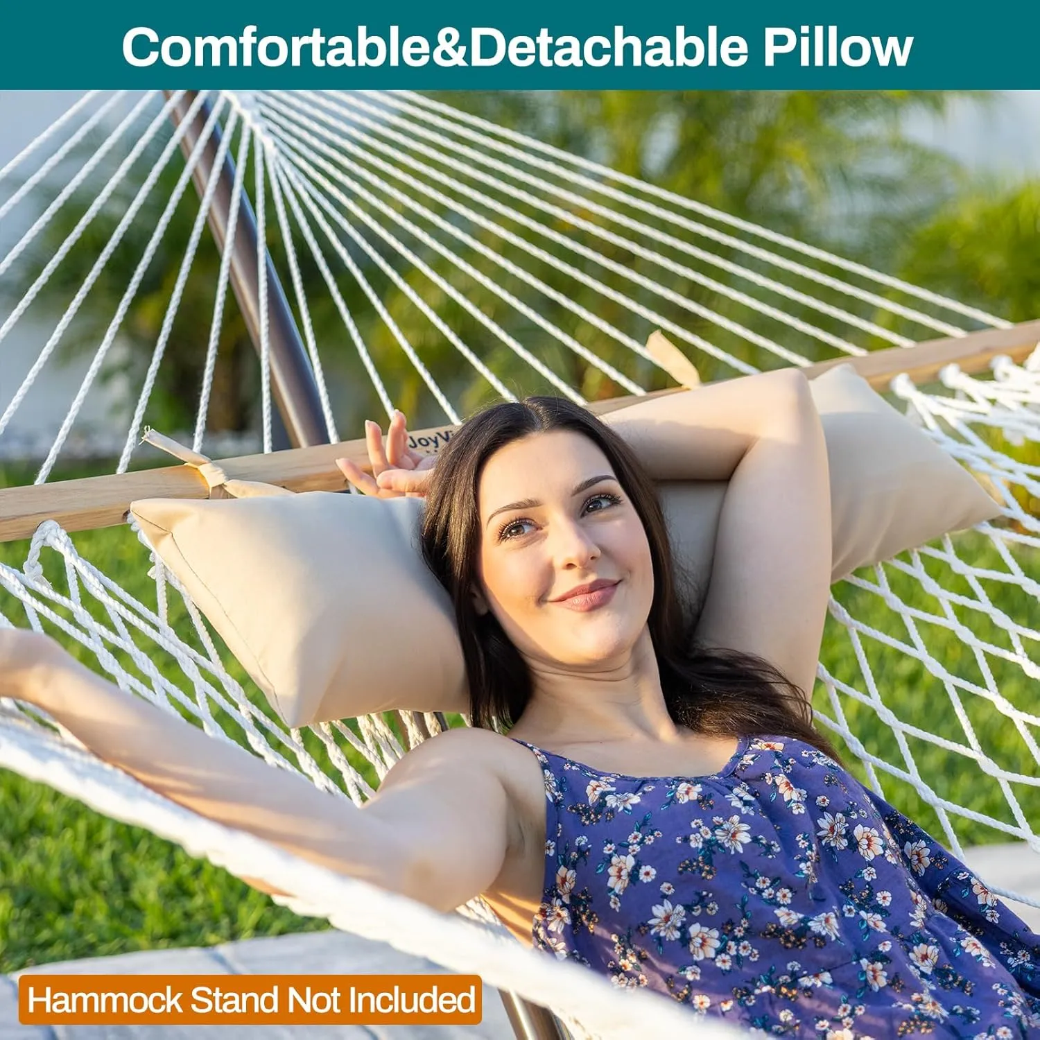JoyView Traditional Rope Double Hammock - Hand Woven Cotton Hammock with Hardwood Spreader Bar and Pillow 450lb Capacity for Outdoor Indoor Patio Yard - Brown