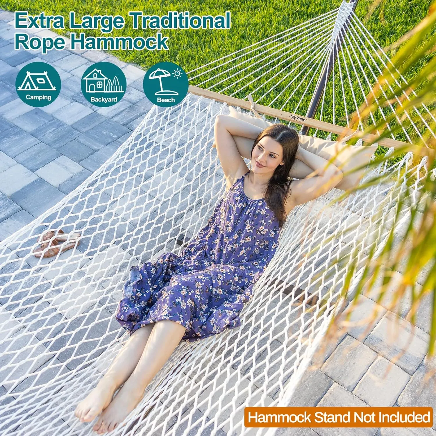 JoyView Traditional Rope Double Hammock - Hand Woven Cotton Hammock with Hardwood Spreader Bar and Pillow 450lb Capacity for Outdoor Indoor Patio Yard - Brown
