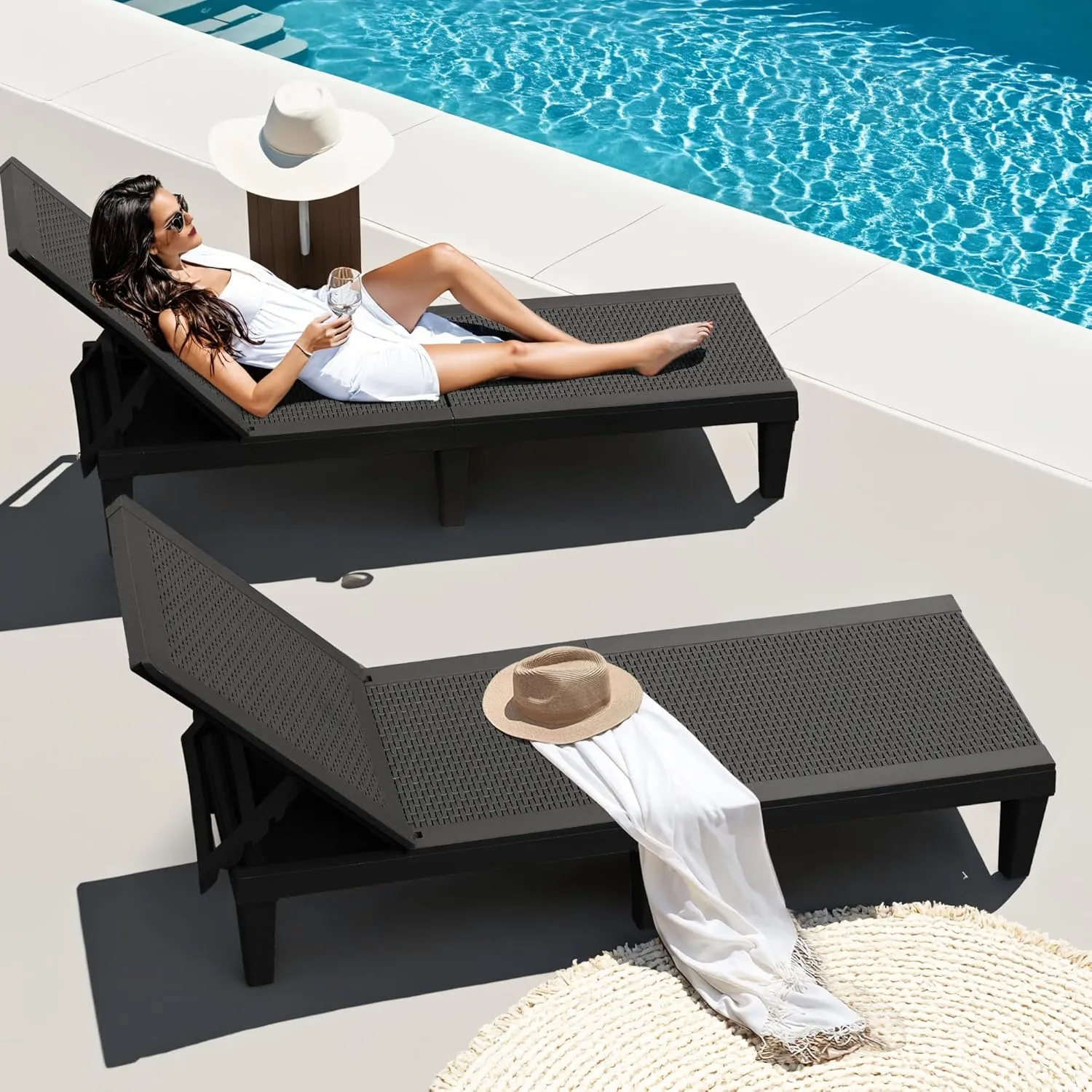 JUMMICO Patio Chaise Lounge Chair Set of 2 Outdoor PE Waterproof Adjustable Easy Assembly Lounge Chairs for Outside Pool Garden Deck Beach (Black, Set of 2)