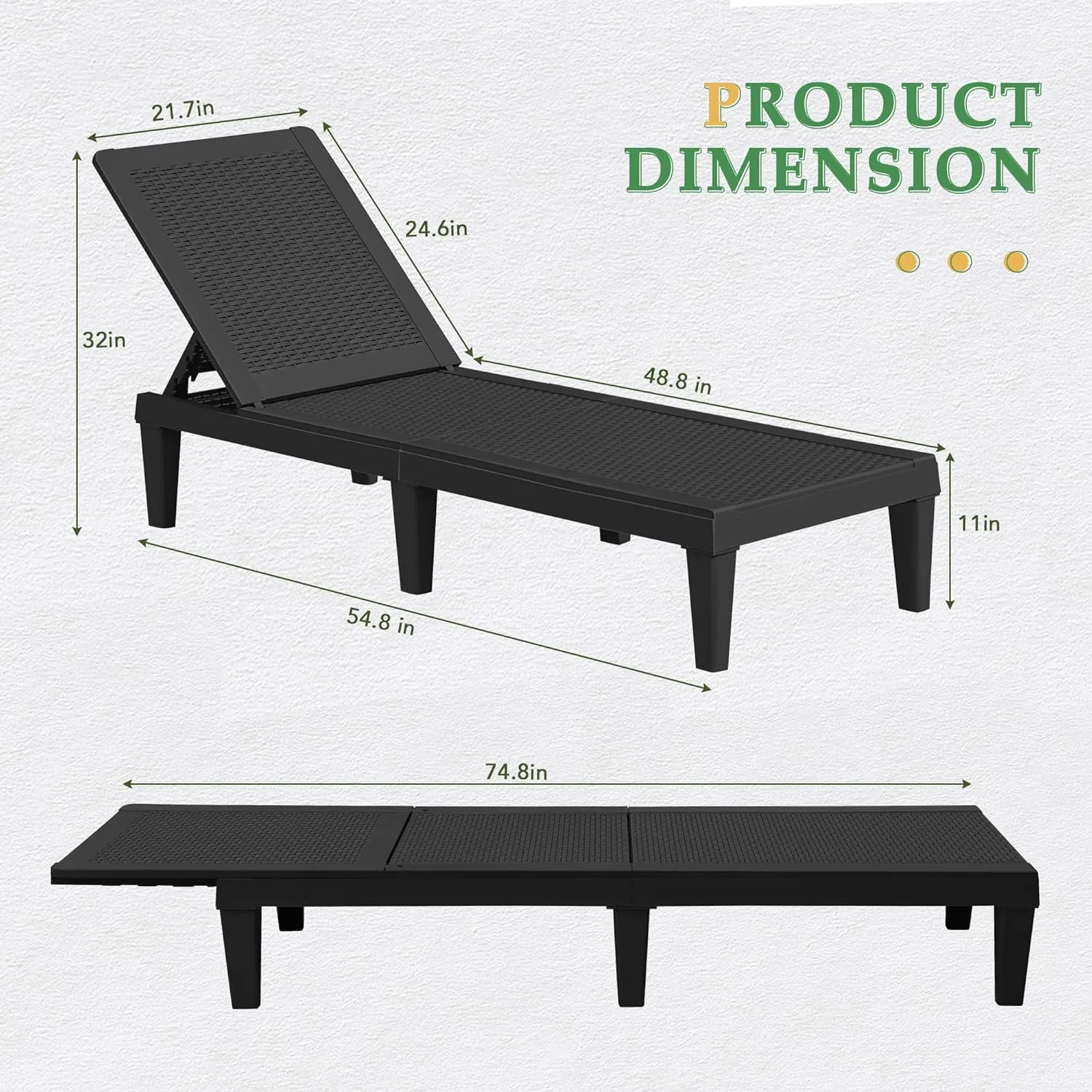JUMMICO Patio Chaise Lounge Chair Set of 2 Outdoor PE Waterproof Adjustable Easy Assembly Lounge Chairs for Outside Pool Garden Deck Beach (Black, Set of 2)