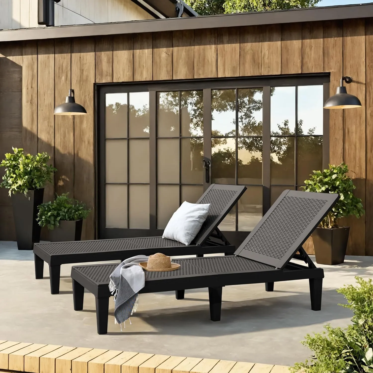 JUMMICO Patio Chaise Lounge Chair Set of 2 Outdoor PE Waterproof Adjustable Easy Assembly Lounge Chairs for Outside Pool Garden Deck Beach (Black, Set of 2)