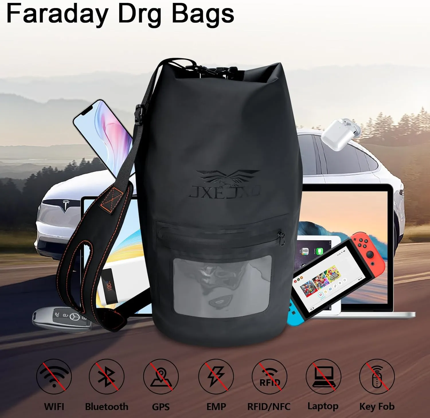 JXE JXO 15L Waterproof Faraday Dry Bag for Electronic Device Security | Military-Grade EMP & RFID Signal Blocking, Anti-Tracking & Hacking Protection, Data Privacy Shield for Mobile Devices （Matte）