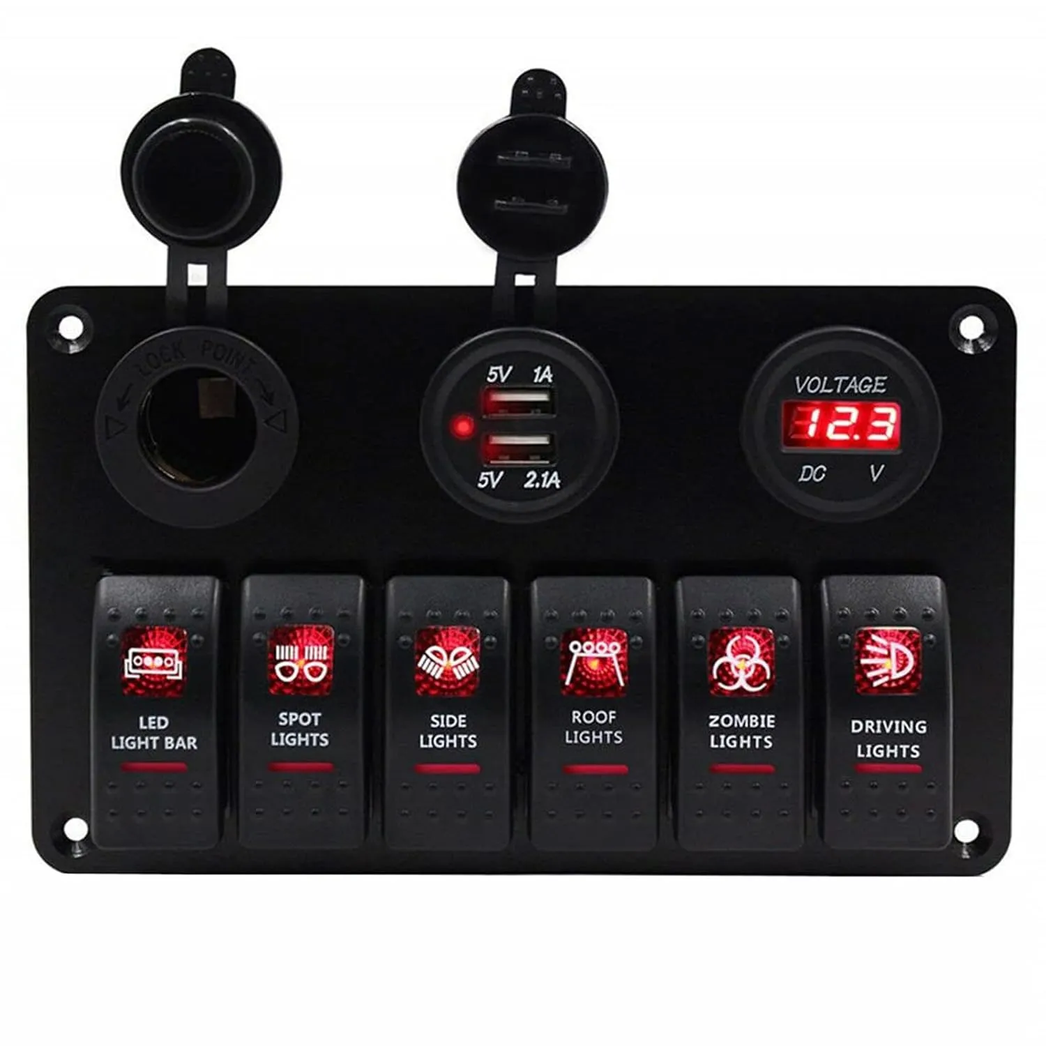 KAOLALI 6 Gang Rocker Switch Panel, 12V Marine Boat Waterproof Toggle Switch Panel with LED Light &USB Cigarette Lighter Socket Voltmeter for Car Truck RV UTV ATVs (Red)