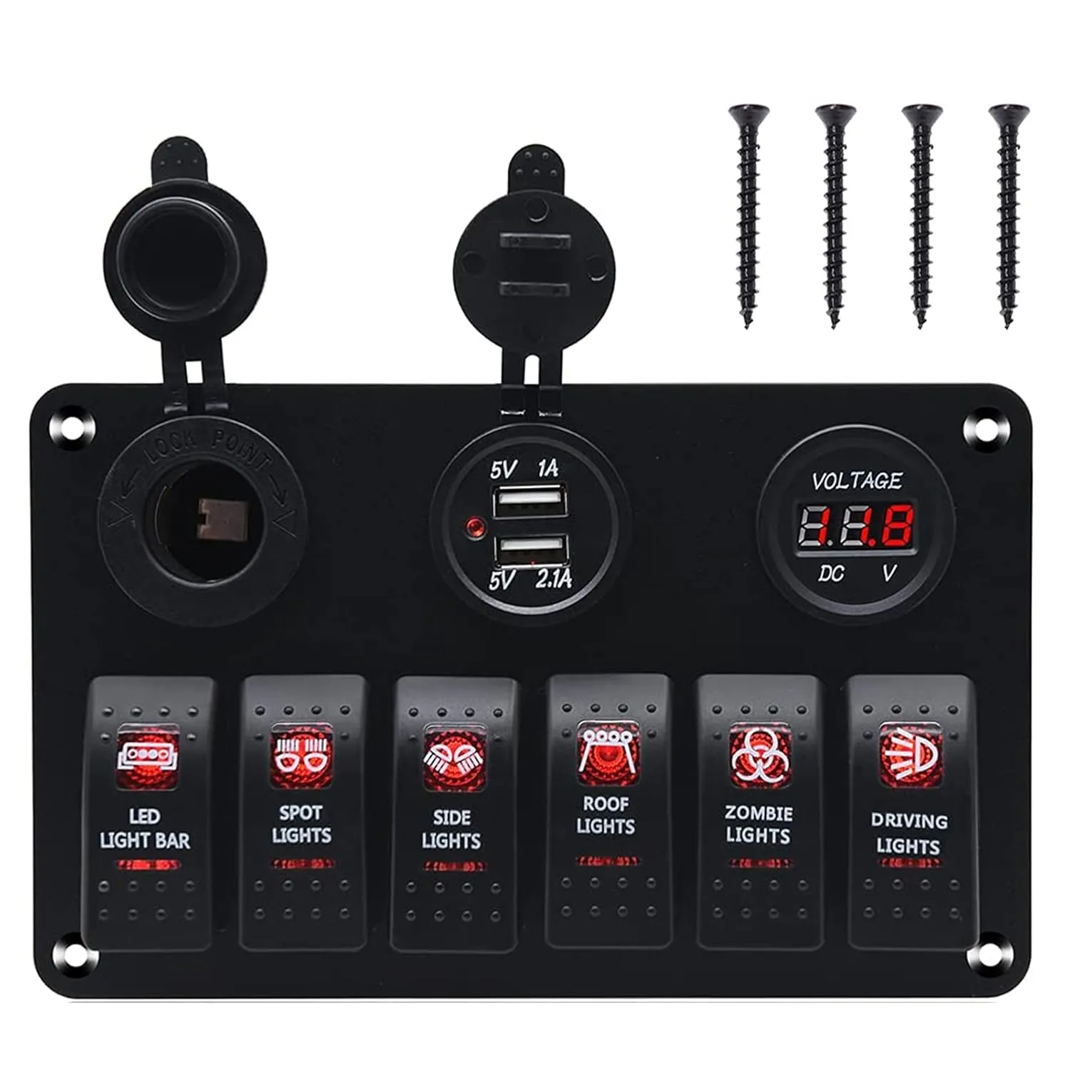KAOLALI 6 Gang Rocker Switch Panel, 12V Marine Boat Waterproof Toggle Switch Panel with LED Light &USB Cigarette Lighter Socket Voltmeter for Car Truck RV UTV ATVs (Red)