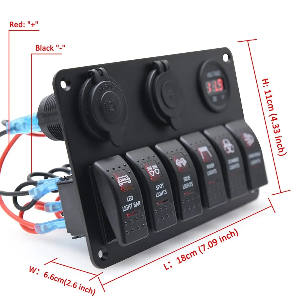 KAOLALI 6 Gang Rocker Switch Panel, 12V Marine Boat Waterproof Toggle Switch Panel with LED Light &USB Cigarette Lighter Socket Voltmeter for Car Truck RV UTV ATVs (Red)