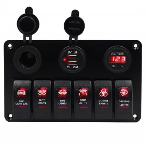 KAOLALI 6 Gang Rocker Switch Panel, 12V Marine Boat Waterproof Toggle Switch Panel with LED Light &USB Cigarette Lighter Socket Voltmeter for Car Truck RV UTV ATVs (Red)