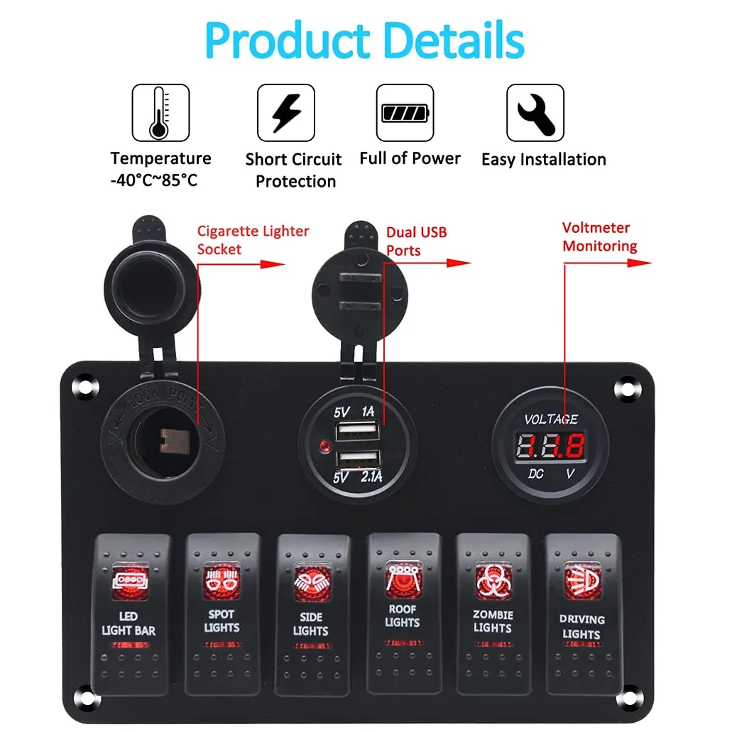 KAOLALI 6 Gang Rocker Switch Panel, 12V Marine Boat Waterproof Toggle Switch Panel with LED Light &USB Cigarette Lighter Socket Voltmeter for Car Truck RV UTV ATVs (Red)