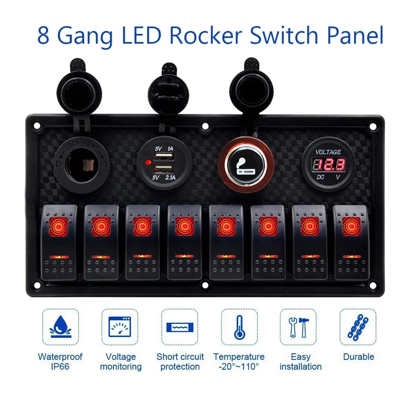 KAOLALI 8 Gang Rocker Switch Panel 12V 24V Waterproof Toggle Switch Panel with Dual USB Cigarette Lighter Socket Voltmeter Blue LED for Boat Yacht Marine Car Trailer Vehicles Truck RV(Red)