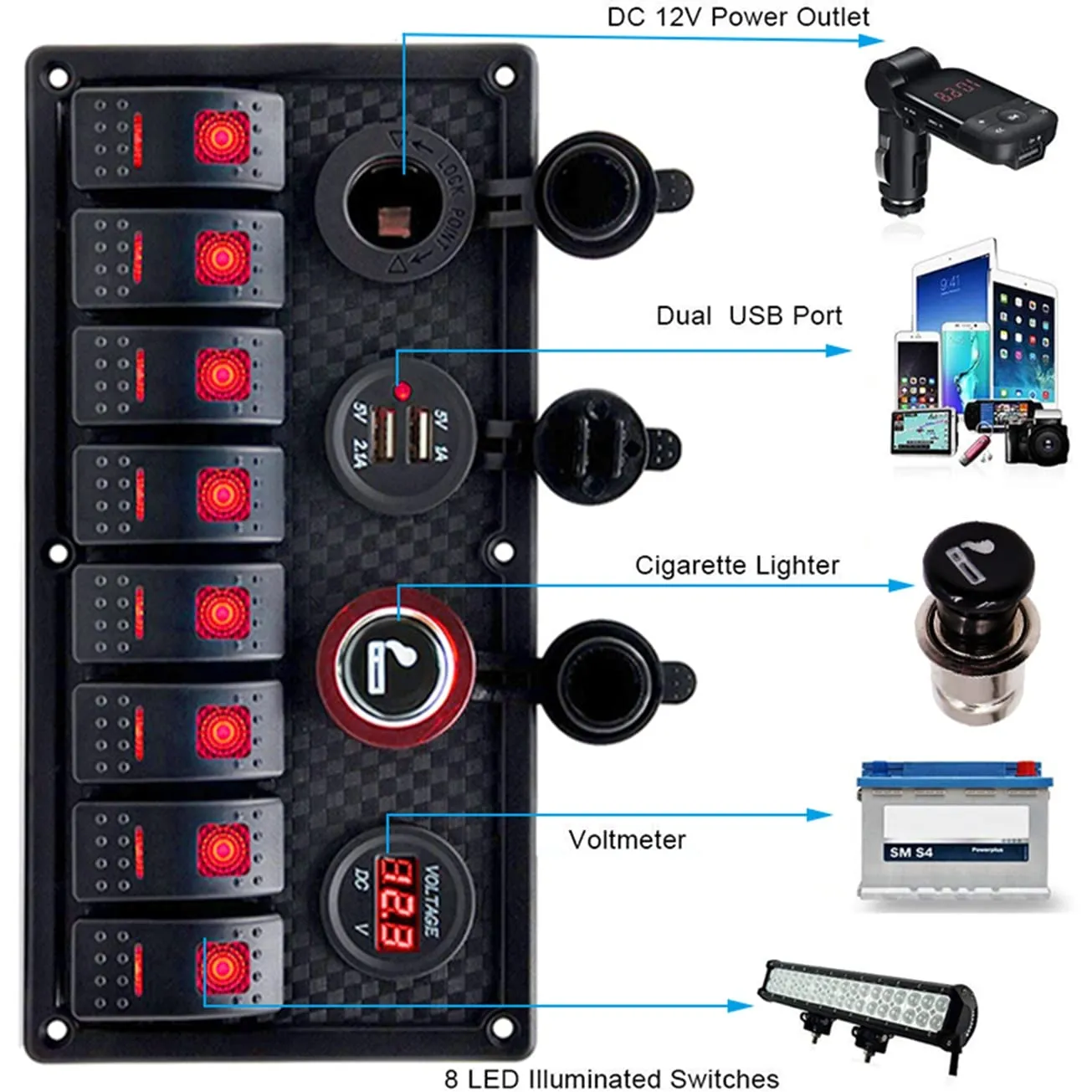 KAOLALI 8 Gang Rocker Switch Panel 12V 24V Waterproof Toggle Switch Panel with Dual USB Cigarette Lighter Socket Voltmeter Blue LED for Boat Yacht Marine Car Trailer Vehicles Truck RV(Red)