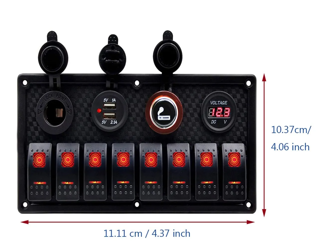 KAOLALI 8 Gang Rocker Switch Panel 12V 24V Waterproof Toggle Switch Panel with Dual USB Cigarette Lighter Socket Voltmeter Blue LED for Boat Yacht Marine Car Trailer Vehicles Truck RV(Red)