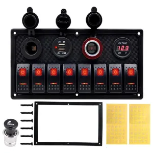 KAOLALI 8 Gang Rocker Switch Panel 12V 24V Waterproof Toggle Switch Panel with Dual USB Cigarette Lighter Socket Voltmeter Blue LED for Boat Yacht Marine Car Trailer Vehicles Truck RV(Red)