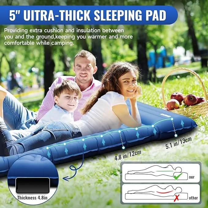 KASIMO Double Sleeping Pad for Camping,5" Ultra-Thick 1.4x2M for 2 Person with Pillow Built-in Foot Pump Inflatable Sleeping Mat for Backpacking, Hiking, Traveling, Tent, Portable Camping Mat