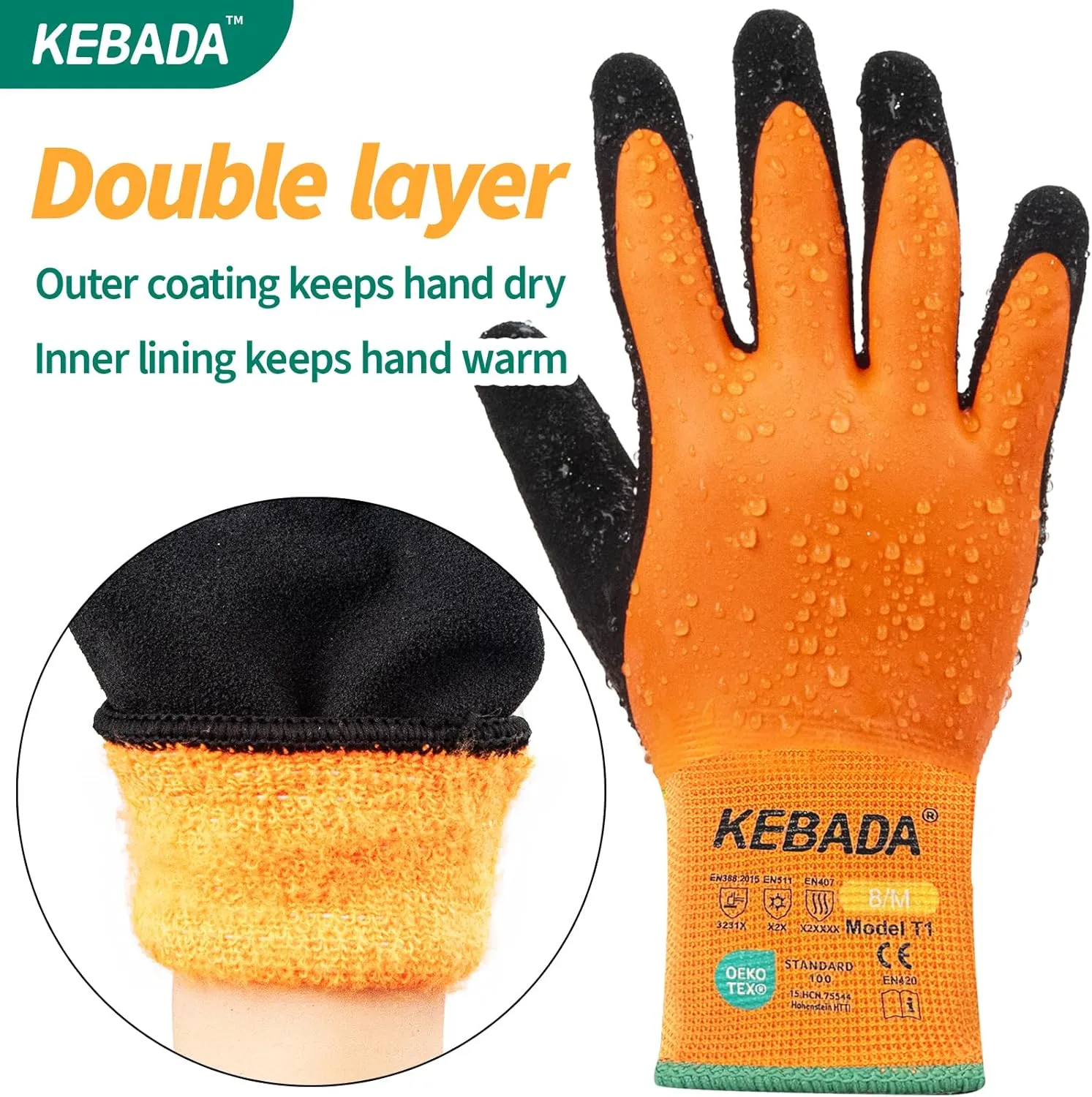 Kebada T1 3 Pairs Waterproof Winter Work Gloves for Men and Women, Warm Work Gloves for Cold Weather, Thermal Insulated Freezer Gloves, 100% Latex Coating & Super Grip, Unisex, X-Large