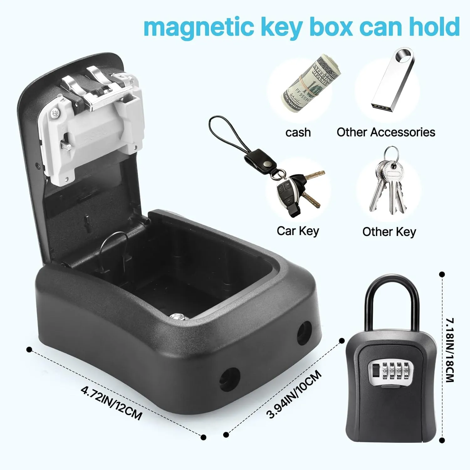 Key Lock Box with 4-Digit Combination Code - Black Heavy-Duty Key Lock Holder for Multiple scenarios, Weatherproof Outdoor Hide-a-Key Box for Home, Car, Office (Universal Fit)