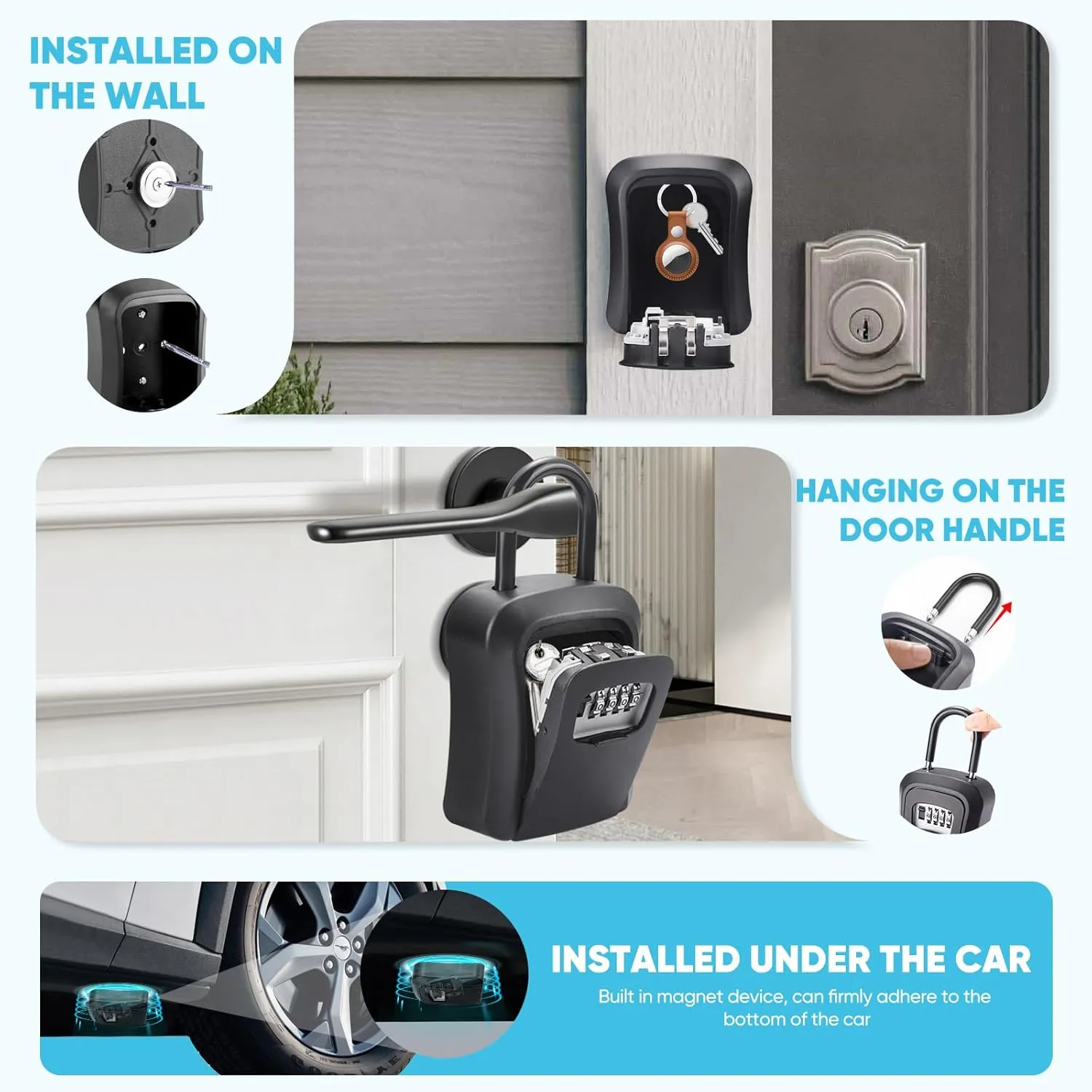 Key Lock Box with 4-Digit Combination Code - Black Heavy-Duty Key Lock Holder for Multiple scenarios, Weatherproof Outdoor Hide-a-Key Box for Home, Car, Office (Universal Fit)