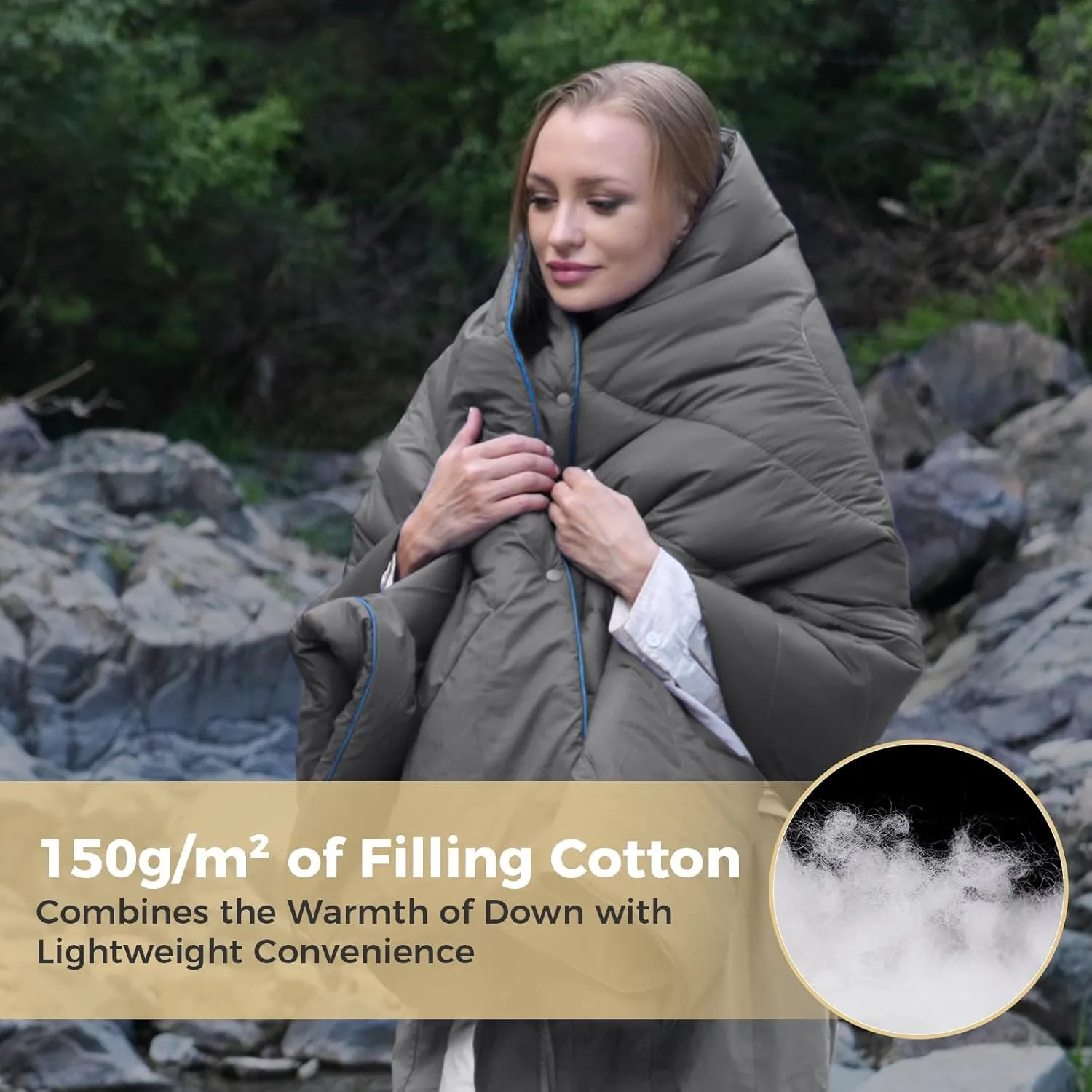 KingCamp Lightweight Camping Blanket Adoption150g/m² Shaped Cotton, Multifunctional Camping Blanket with Snap Button,Waterproof Blanket for Traveling Cold Weather, 69 x 53 inches, Gray